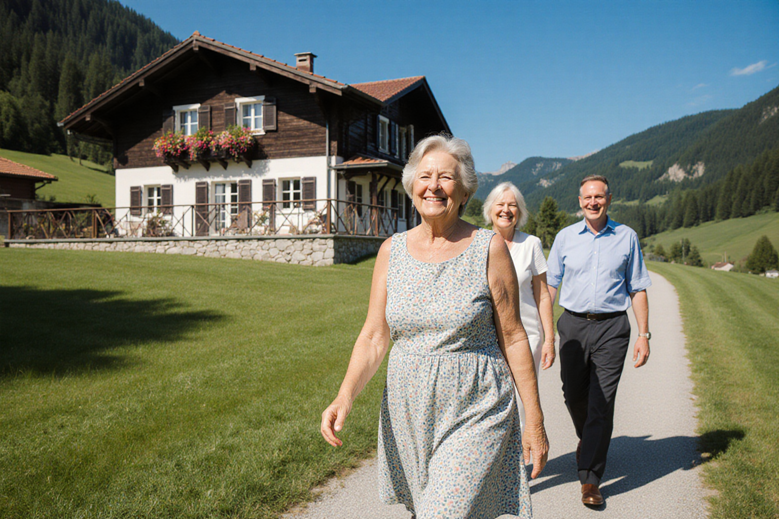Freundlicher gemeinsamer Weg vor normalem österreichischem Ferienhaus, offene Landschaft und kräftiges Grün/Blau